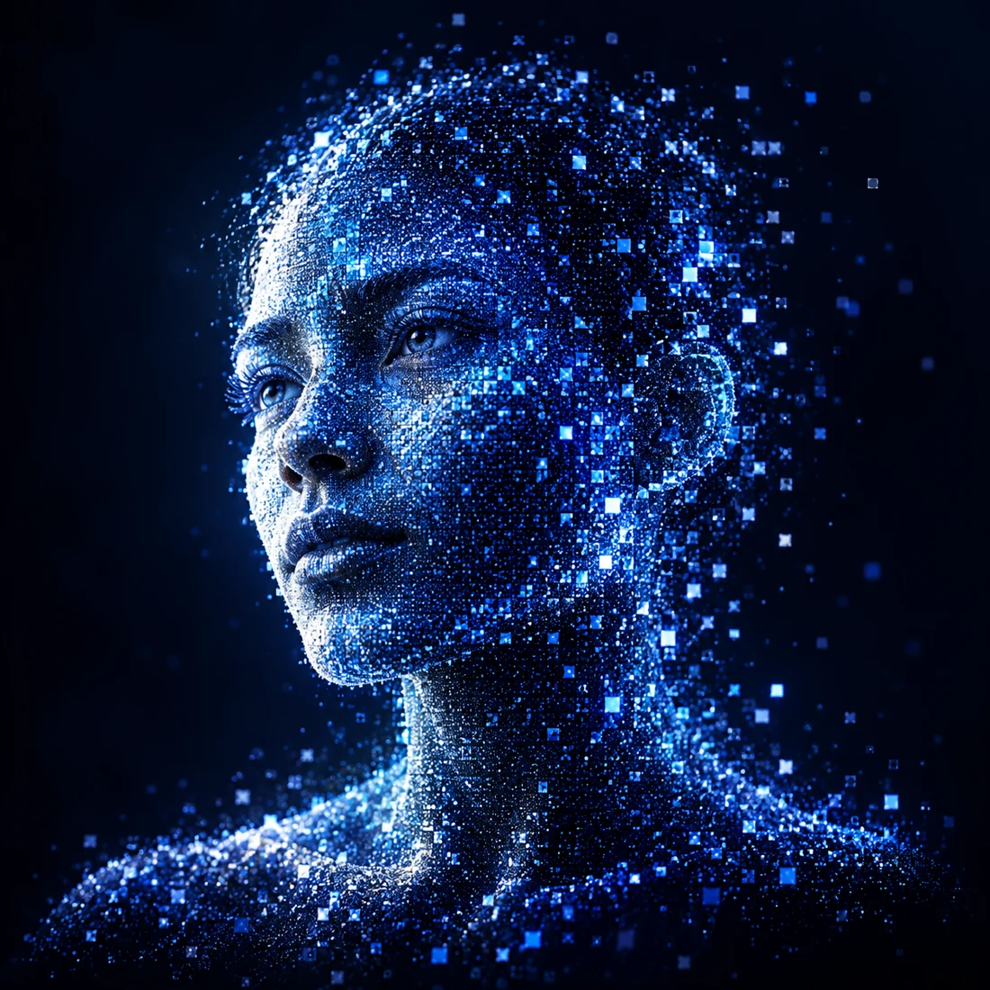 A human face formed from luminous blue digital pixels